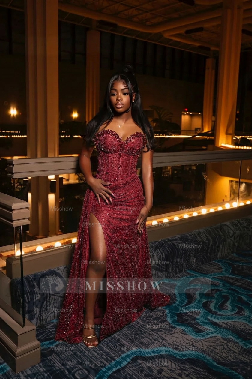 Amazing Long Orange Strapless Sequined Prom Dress with Slit