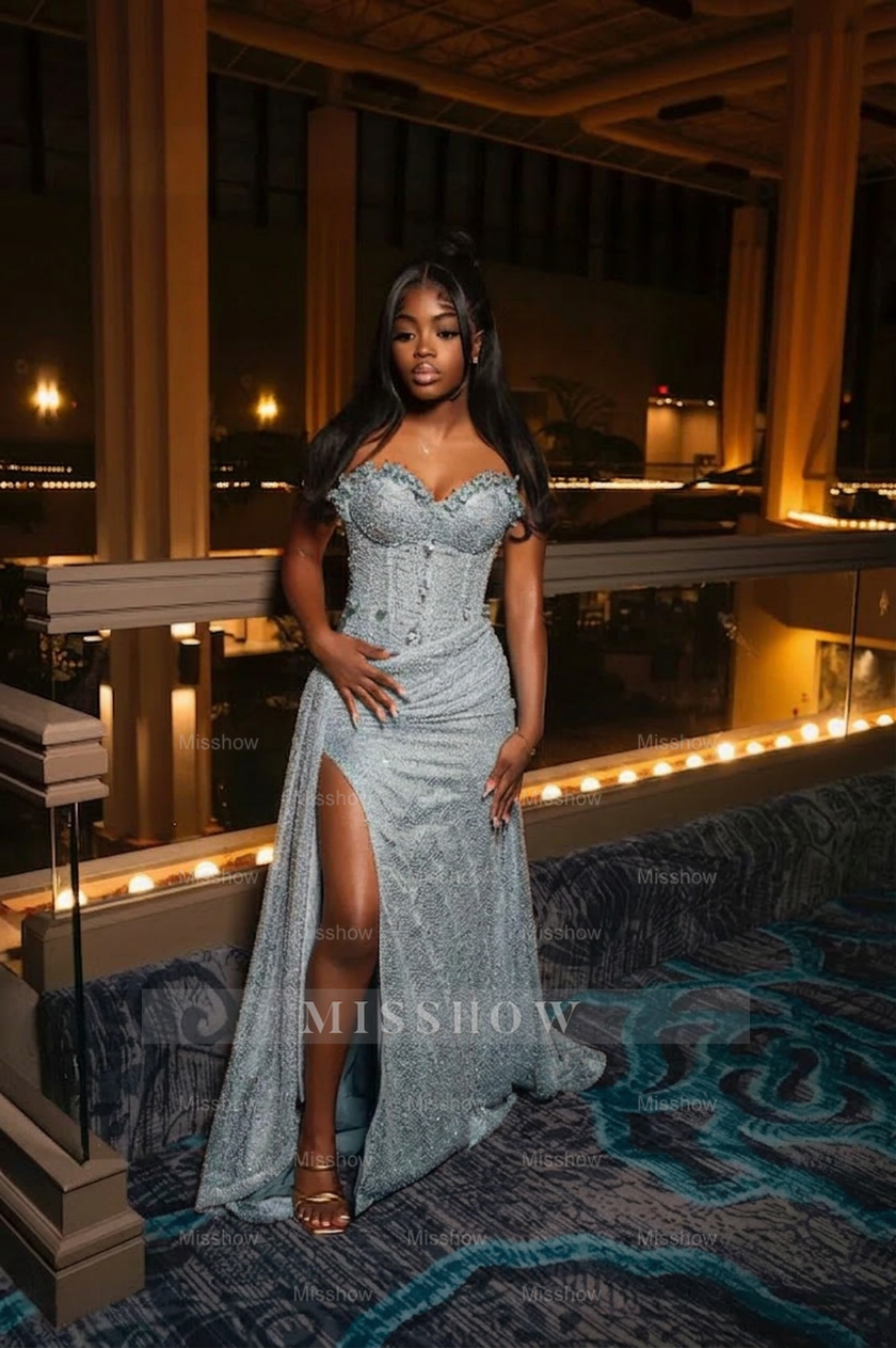Amazing Long Orange Strapless Sequined Prom Dress with Slit