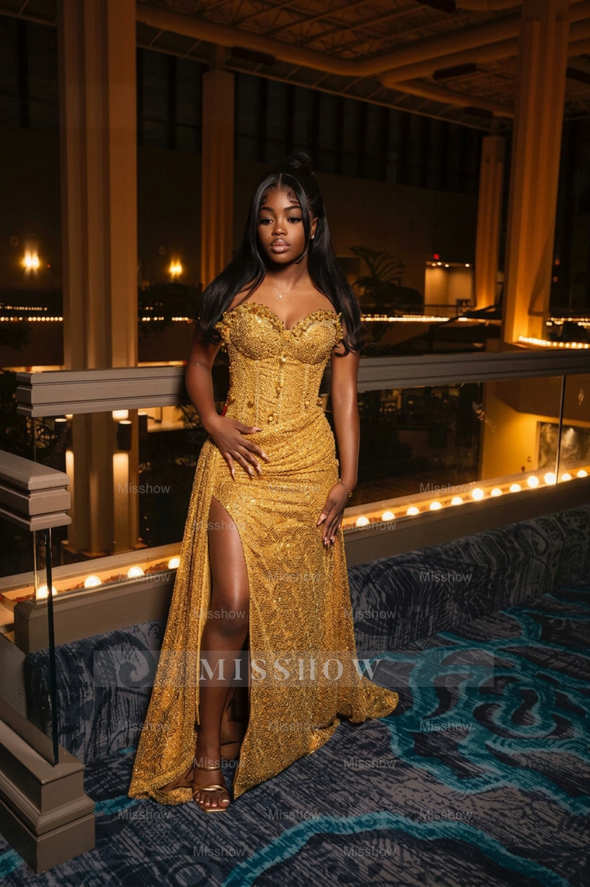 strapless open back dress Amazing Long Orange Strapless Sequined Prom Dress with Slit