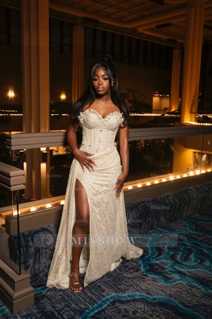 open lace back dress A-Line/Princess Strapless Sweep Train Ruched Prom Dresses