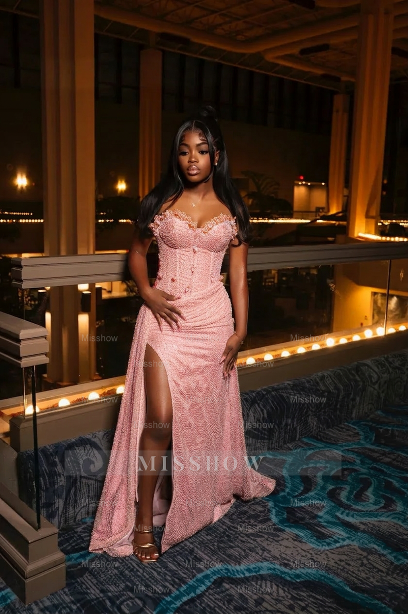 orange and pink prom dress Amazing Long Orange Strapless Sequined Prom Dress with Slit – misshow.com