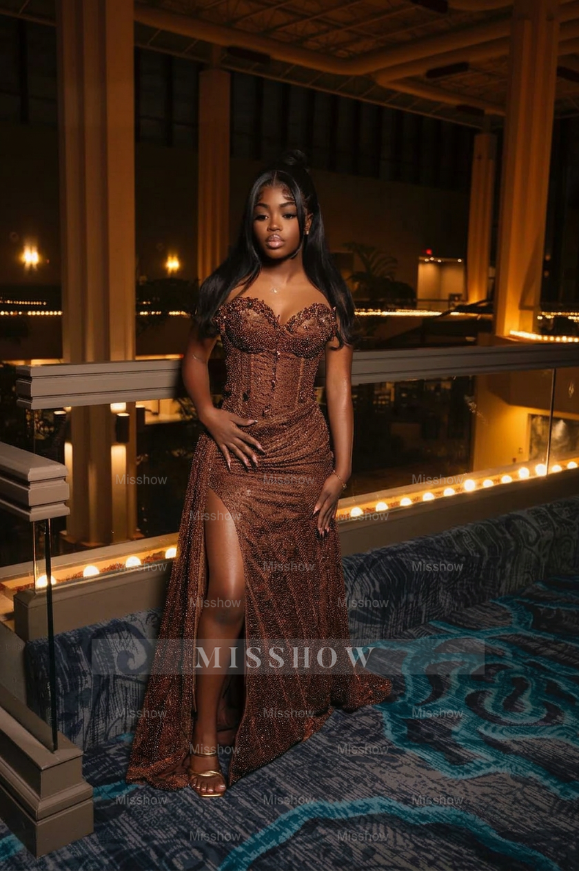 Amazing Long Orange Strapless Sequined Prom Dress with Slit