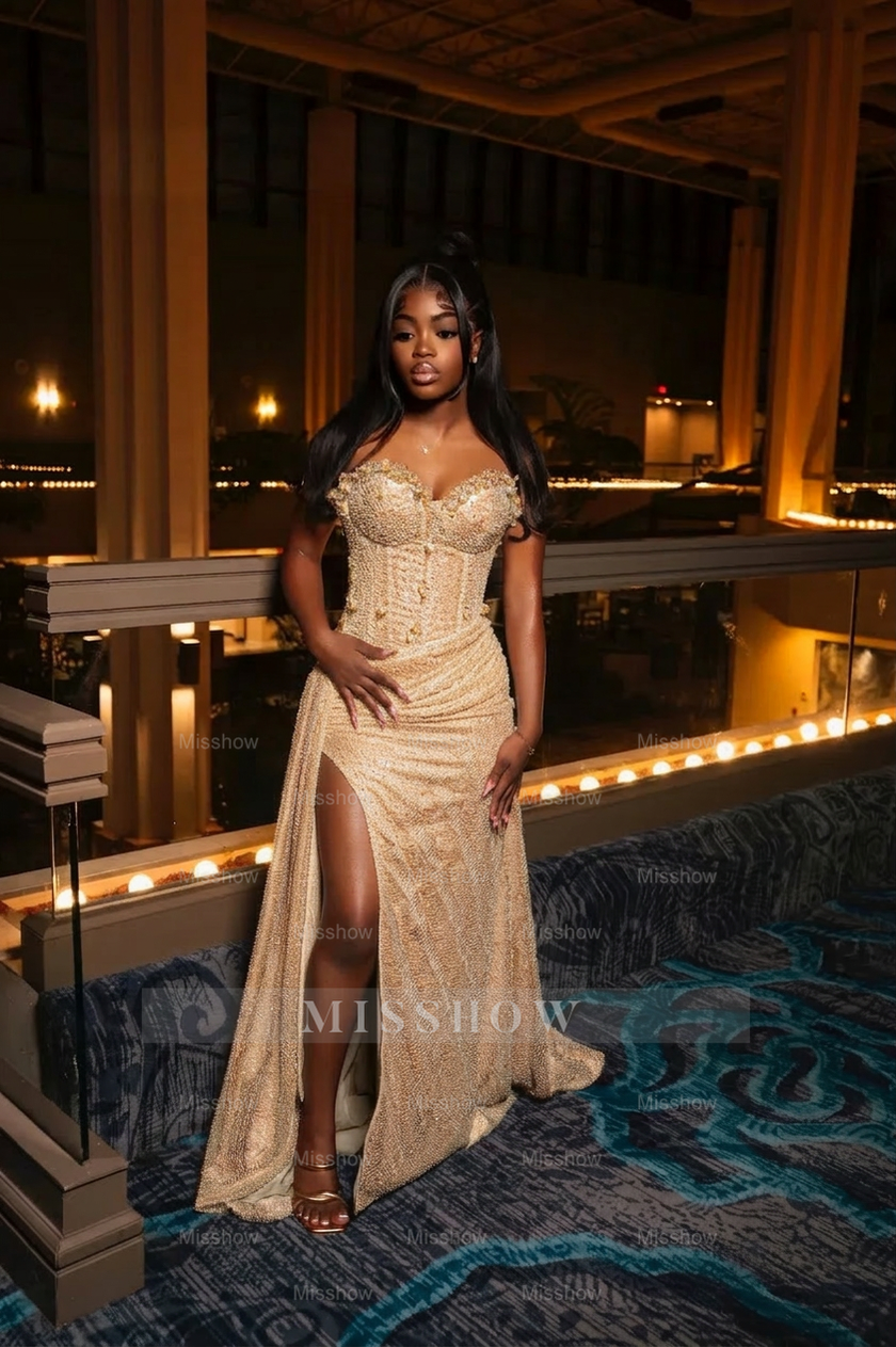 open lace back dress Amazing Long Orange Strapless Sequined Prom Dress with Slit – misshow.com