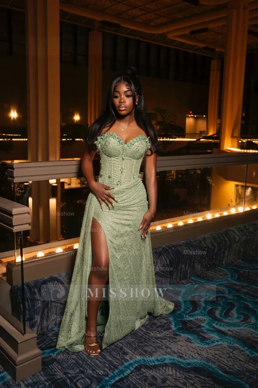 Amazing Long Orange Strapless Sequined Prom Dress with Slit
