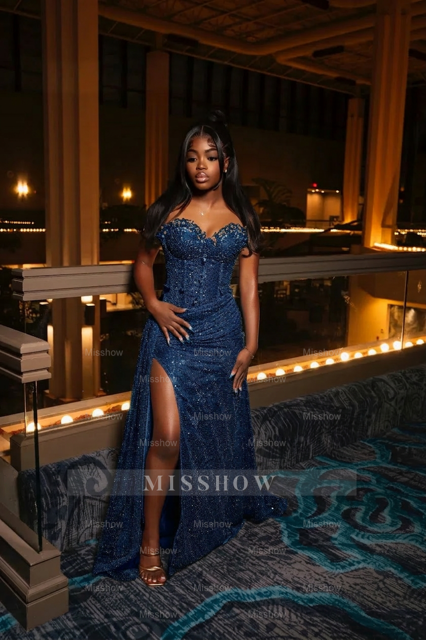 Amazing Long Orange Strapless Sequined Prom Dress with Slit