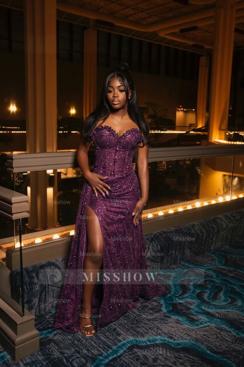 Amazing Long Orange Strapless Sequined Prom Dress with Slit