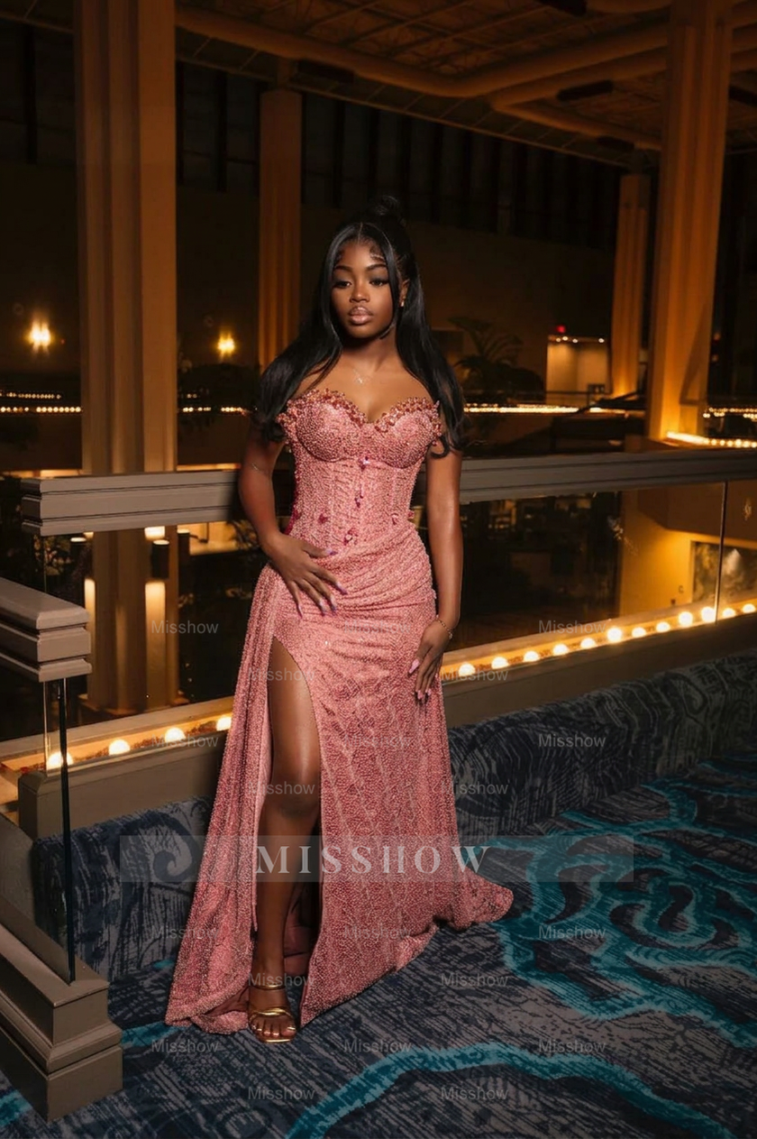 Amazing Long Orange Strapless Sequined Prom Dress with Slit