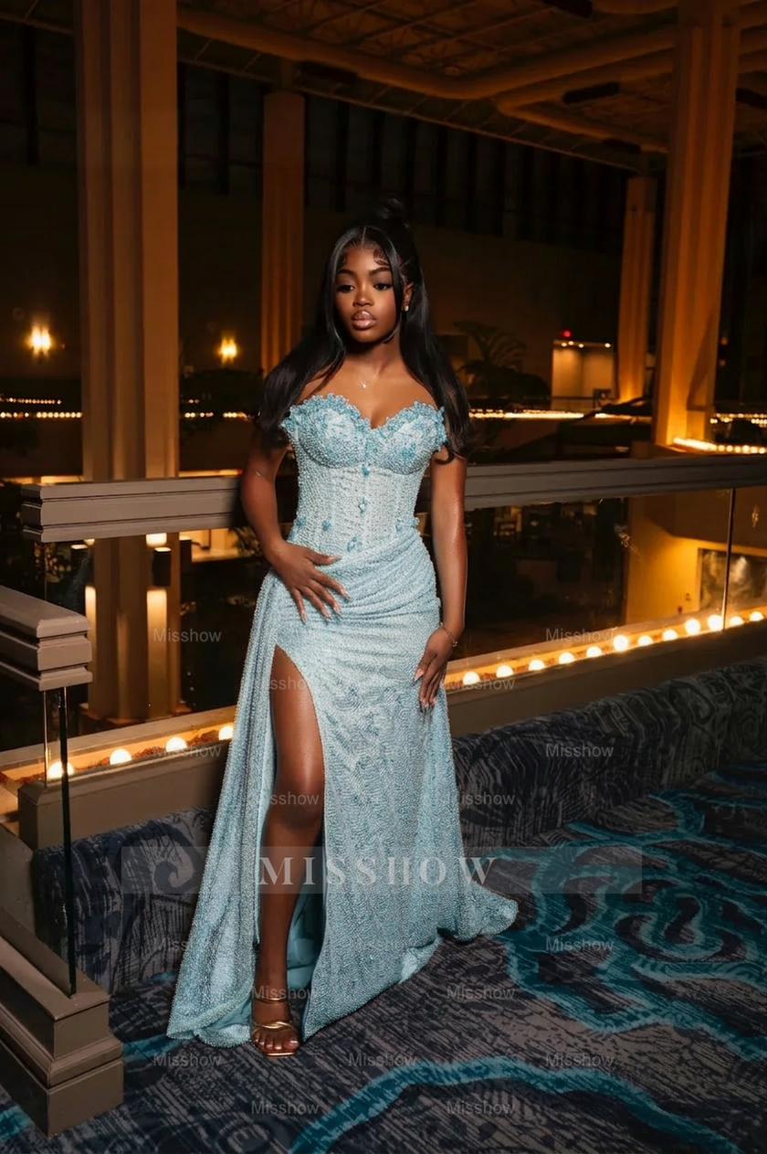 Amazing Long Orange Strapless Sequined Prom Dress with Slit