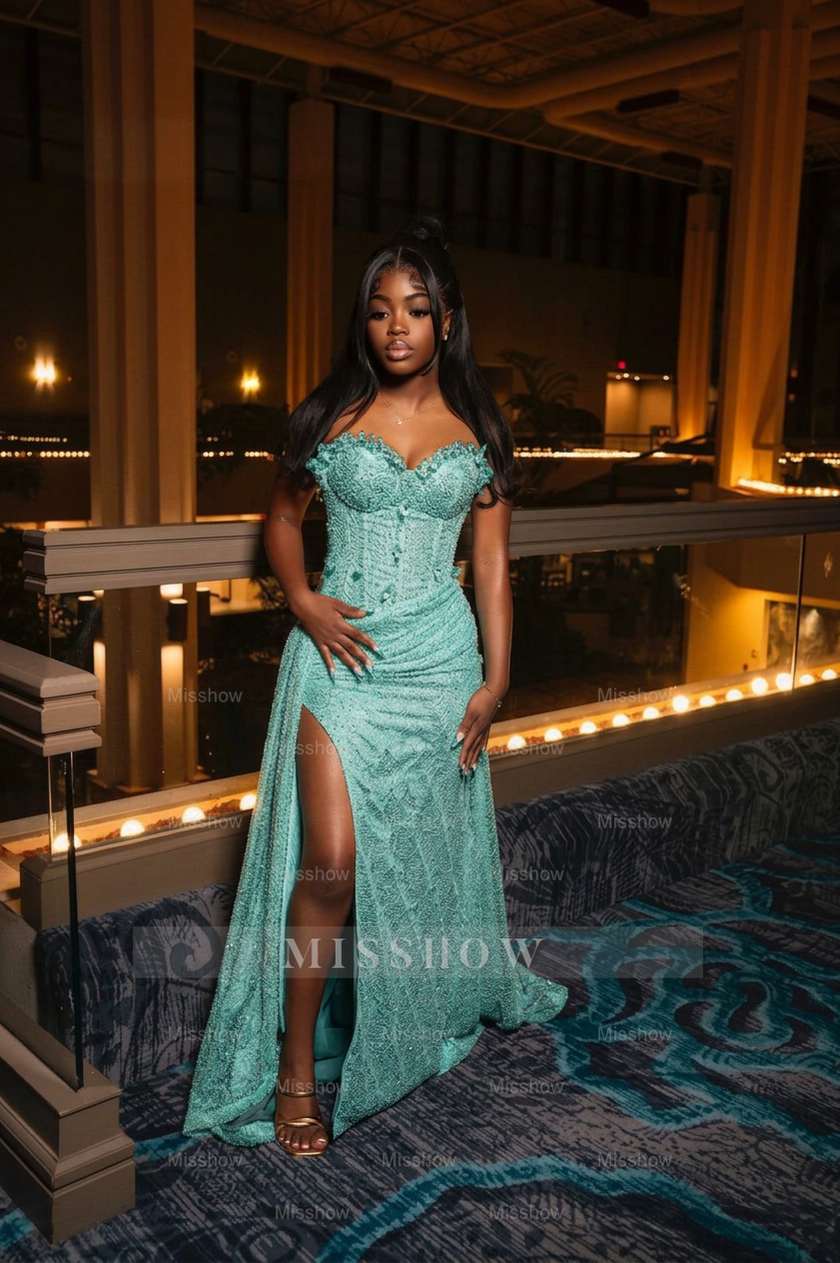 Amazing Long Orange Strapless Sequined Prom Dress with Slit