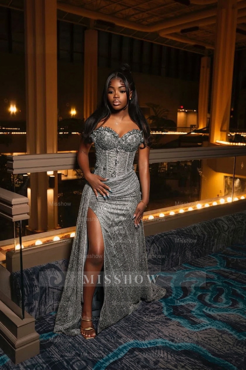 Amazing Long Orange Strapless Sequined Prom Dress with Slit