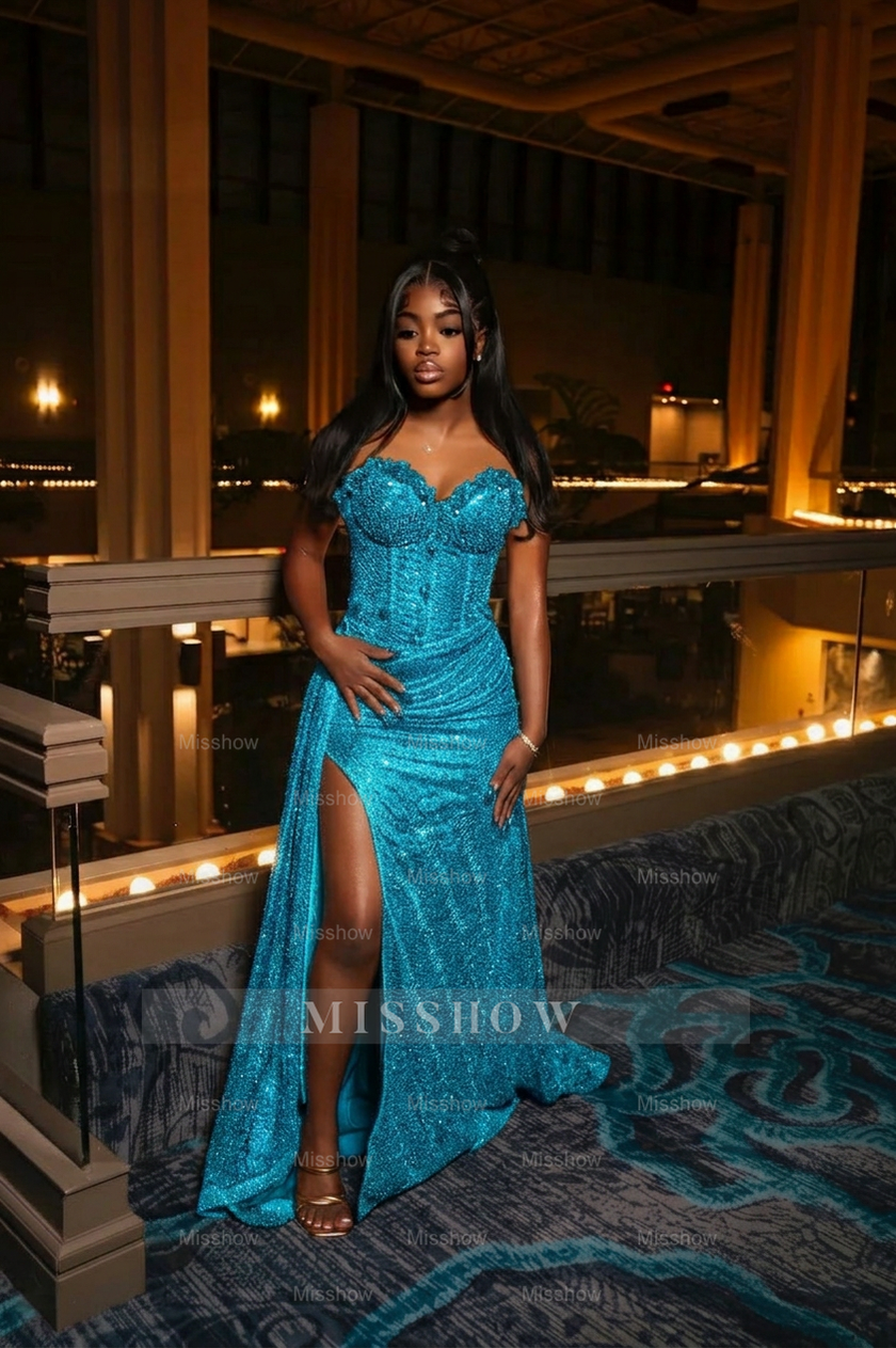 Amazing Long Orange Strapless Sequined Prom Dress with Slit
