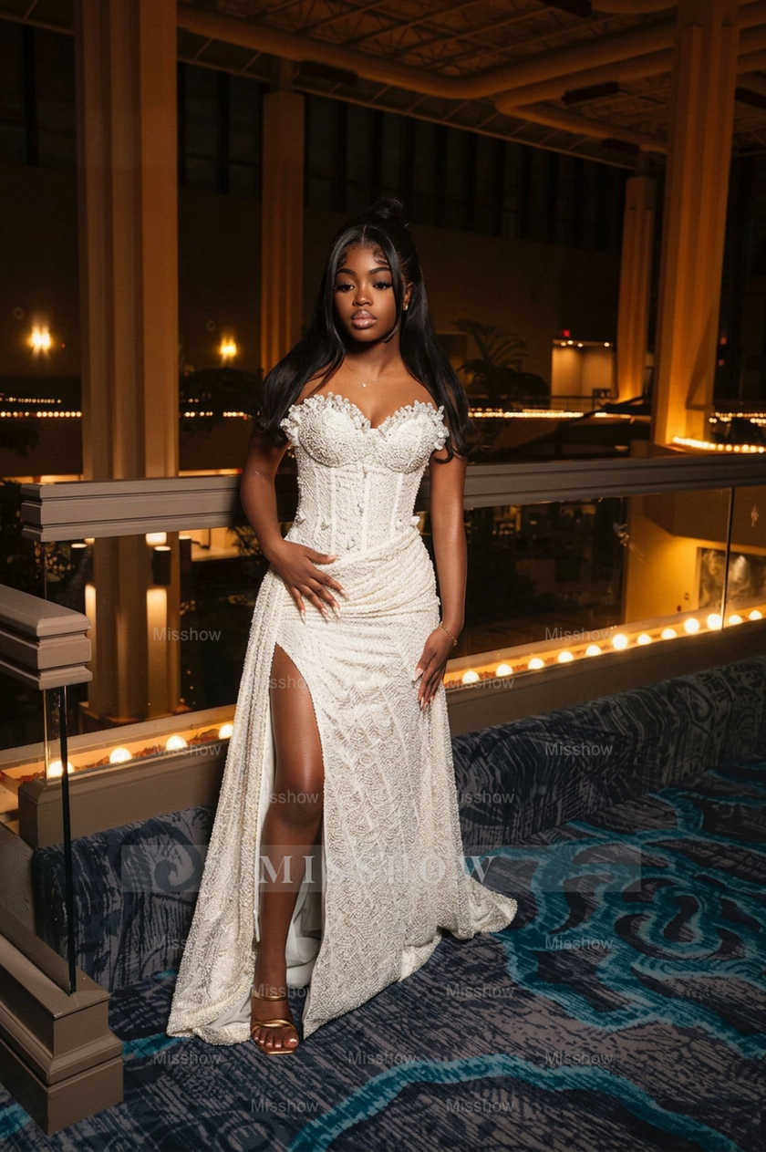 Amazing Long Orange Strapless Sequined Prom Dress with Slit