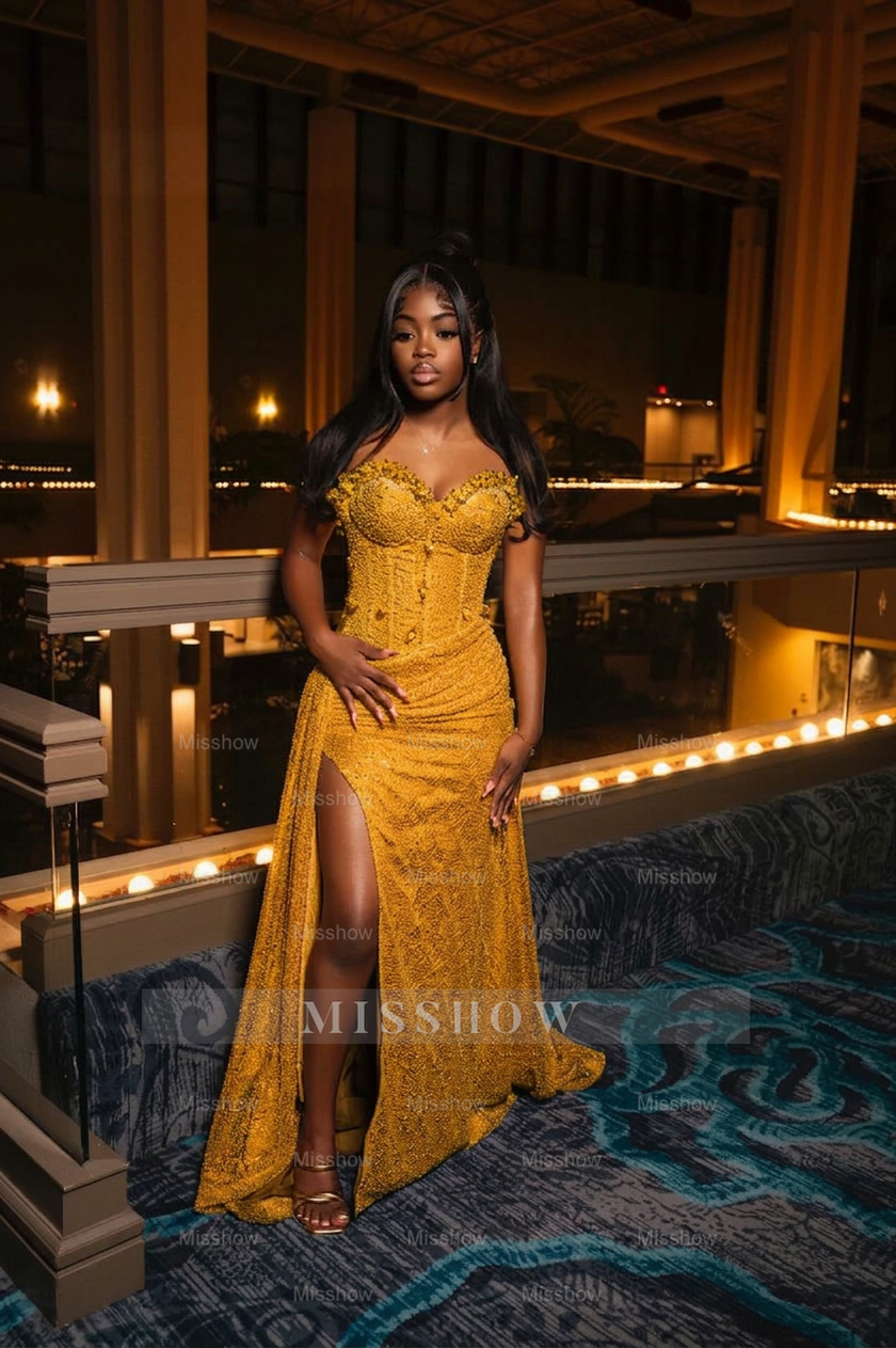 Amazing Long Orange Strapless Sequined Prom Dress with Slit