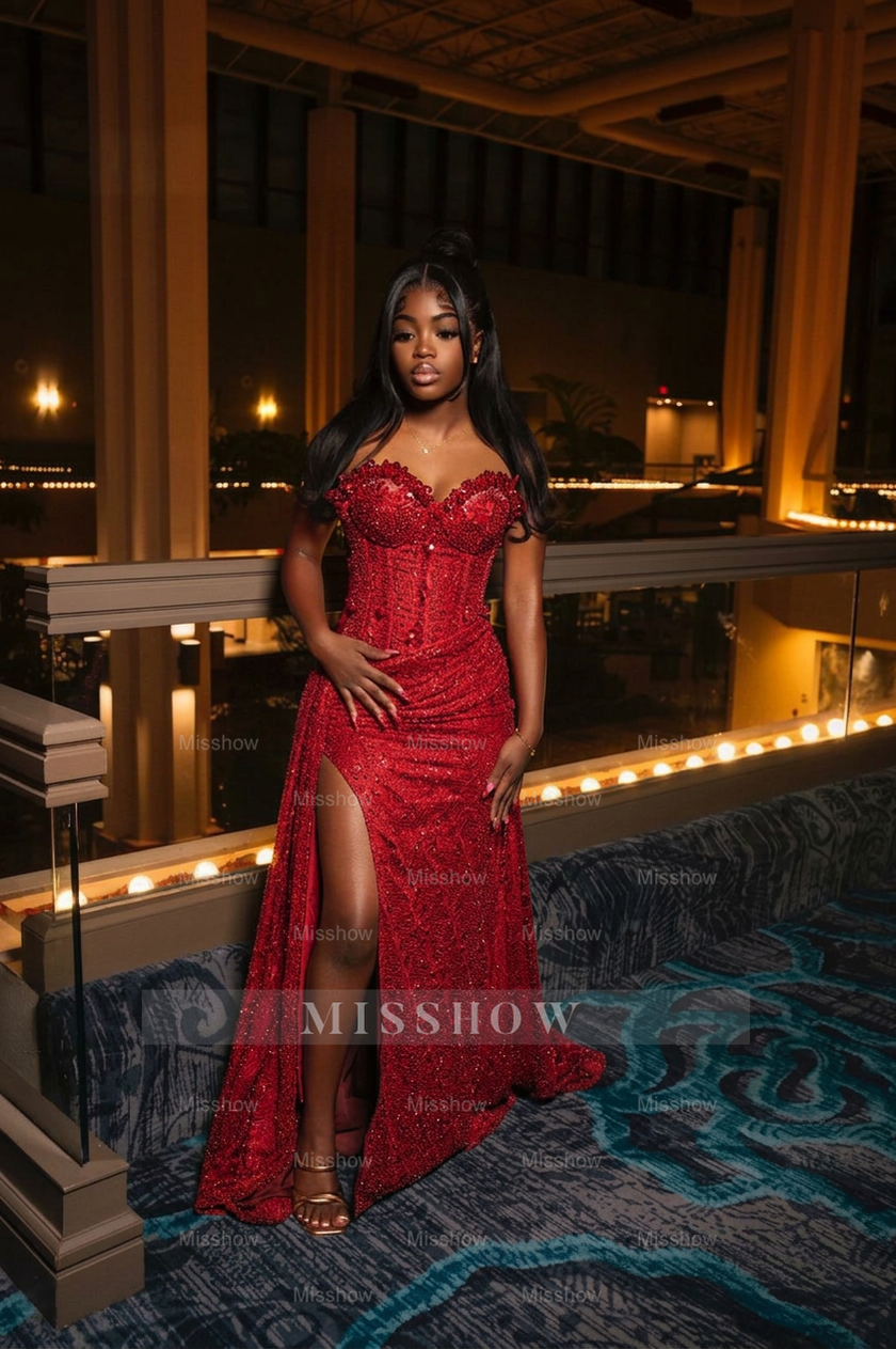 Amazing Long Orange Strapless Sequined Prom Dress with Slit