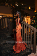 Amazing Long Orange Strapless Sequined Prom Dress with Slit