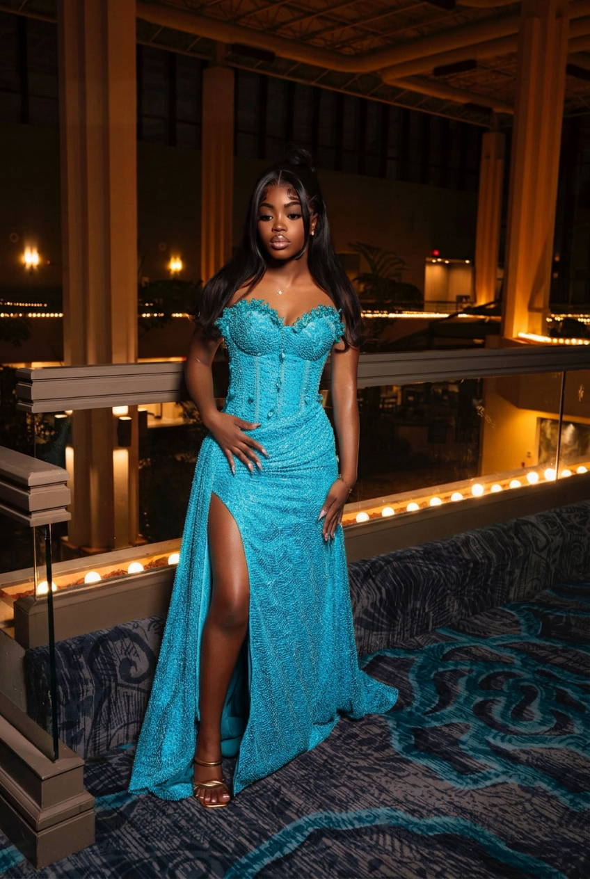 Turquoise strapless split-front mermaid prom dress