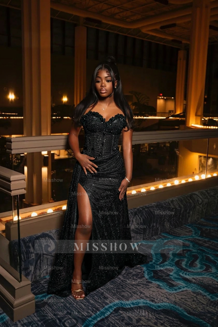Amazing Long Orange Strapless Sequined Prom Dress with Slit