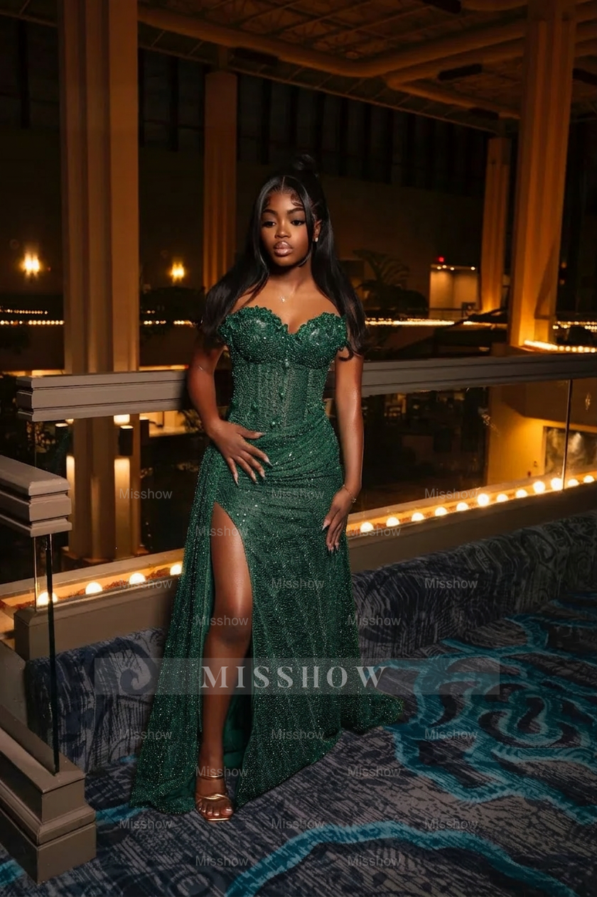 Amazing Long Orange Strapless Sequined Prom Dress with Slit