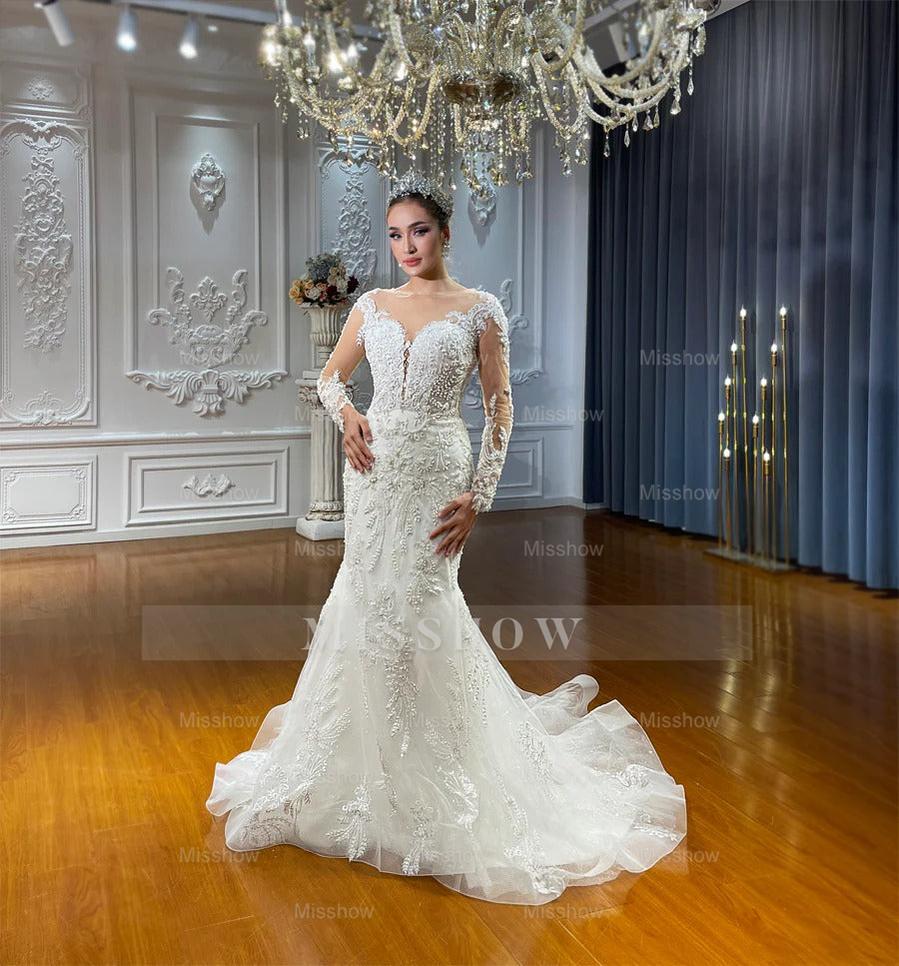 Amazing Long White Mermaid Long Sleeves Lace Tulle Appliques Wedding Dress with Detachable Train