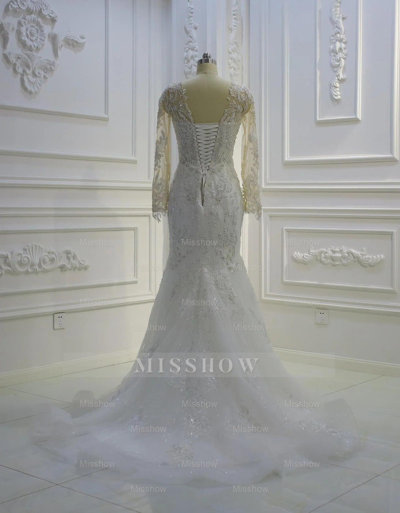 Amazing Long White Mermaid Long Sleeves Lace Tulle Appliques Wedding Dress with Detachable Train