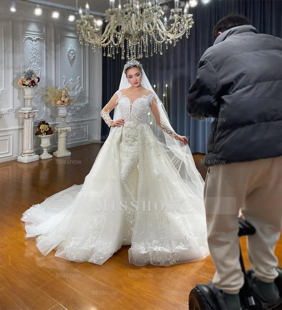 Amazing Long White Mermaid Long Sleeves Lace Tulle Appliques Wedding Dress with Detachable Train