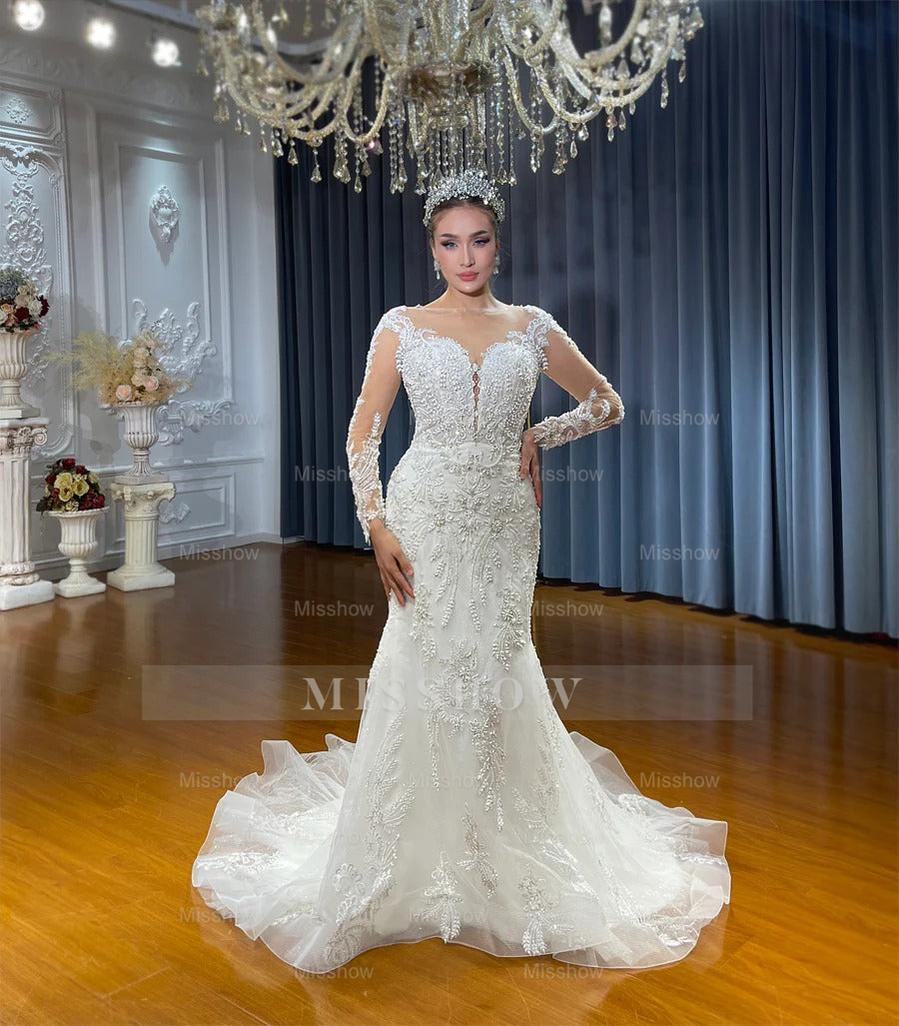 Amazing Long White Mermaid Long Sleeves Lace Tulle Appliques Wedding Dress with Detachable Train