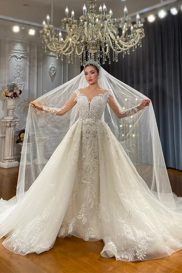 Amazing Long White Mermaid Long Sleeves Lace Tulle Appliques Wedding Dress with Detachable Train