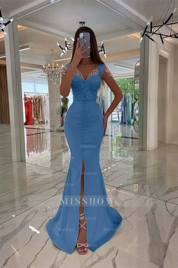 Amazing Mint Green Cap Sleeves Formal Dress Long Front Slit With Buttons Beads