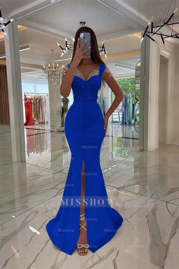 Amazing Mint Green Cap Sleeves Formal Dress Long Front Slit With Buttons Beads