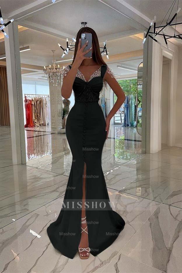 Amazing Mint Green Cap Sleeves Formal Dress Long Front Slit With Buttons Beads