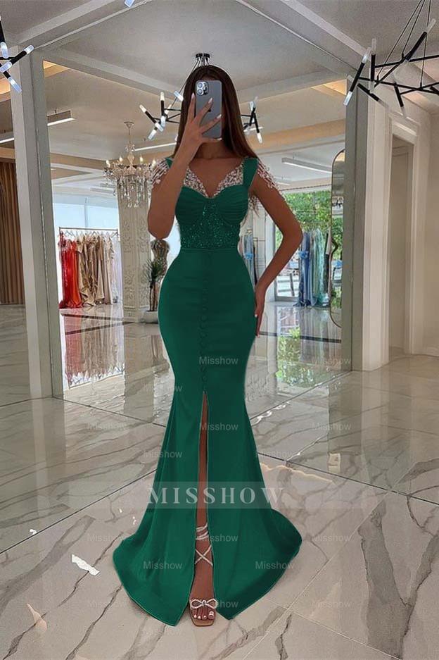 Amazing Mint Green Cap Sleeves Formal Dress Long Front Slit With Buttons Beads