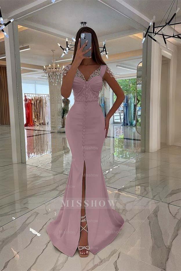 Amazing Mint Green Cap Sleeves Formal Dress Long Front Slit With Buttons Beads