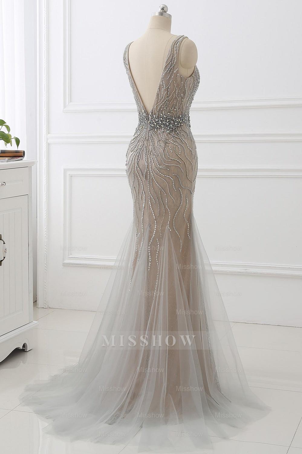 Amazing Tulle Sleeveless V Neck Formal Dress Mermaid With Beading