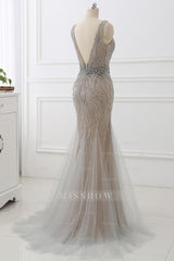 Amazing Tulle Sleeveless V Neck Formal Dress Mermaid With Beading