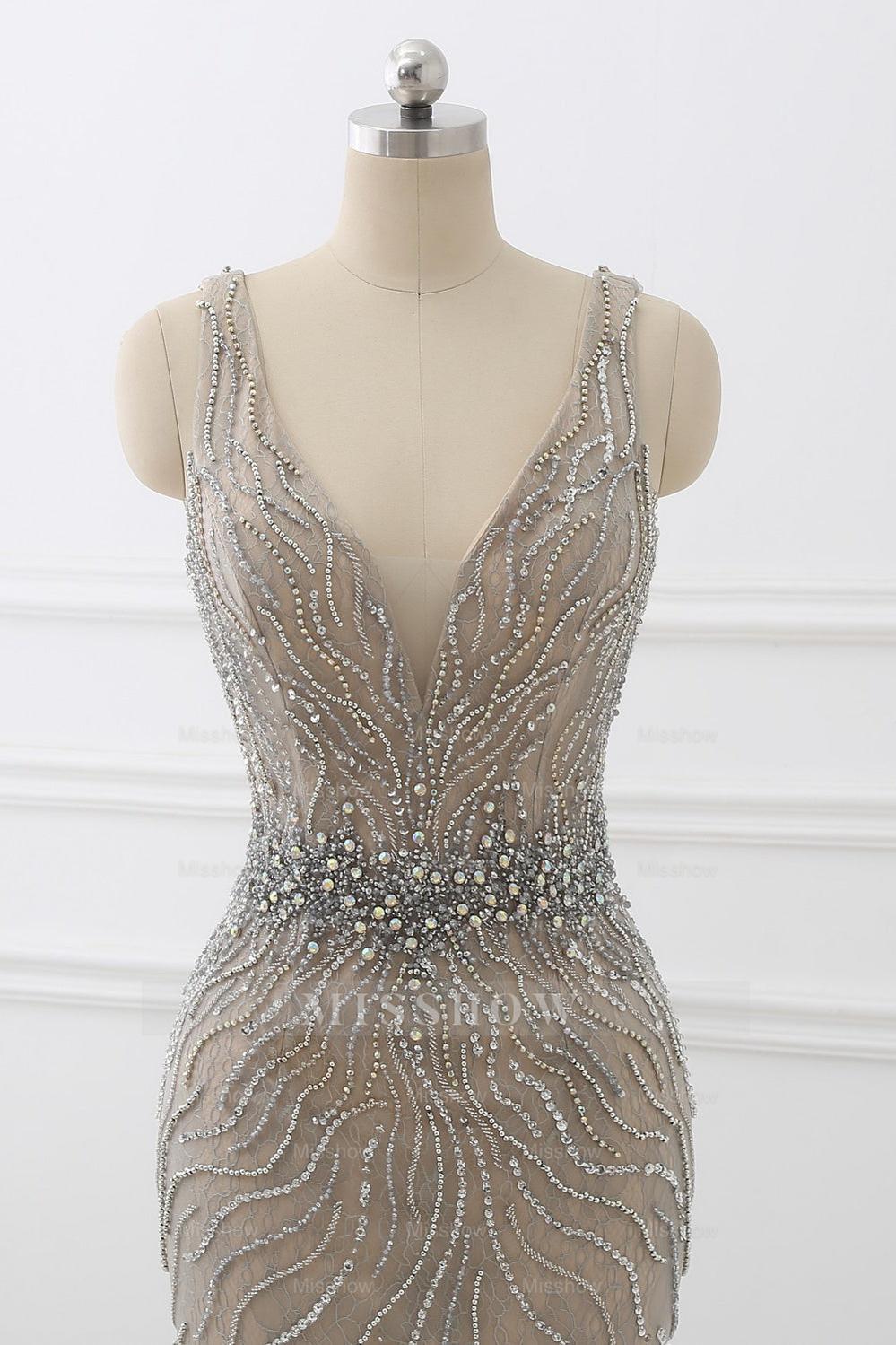 Amazing Tulle Sleeveless V Neck Formal Dress Mermaid With Beading