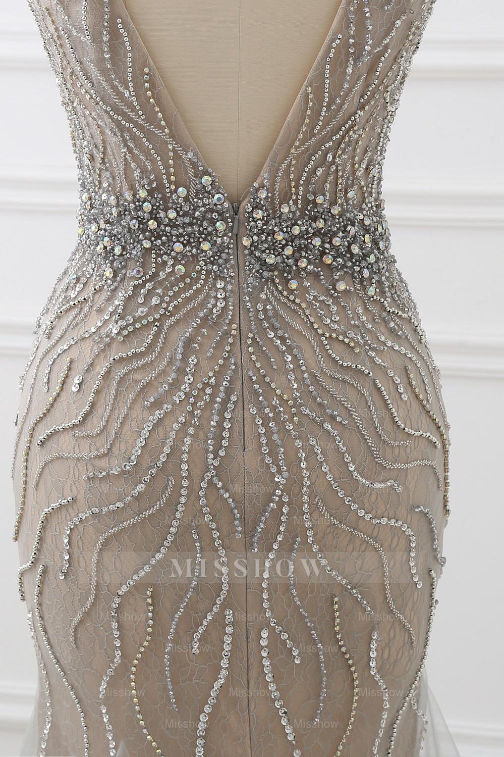 Amazing Tulle Sleeveless V Neck Formal Dress Mermaid With Beading