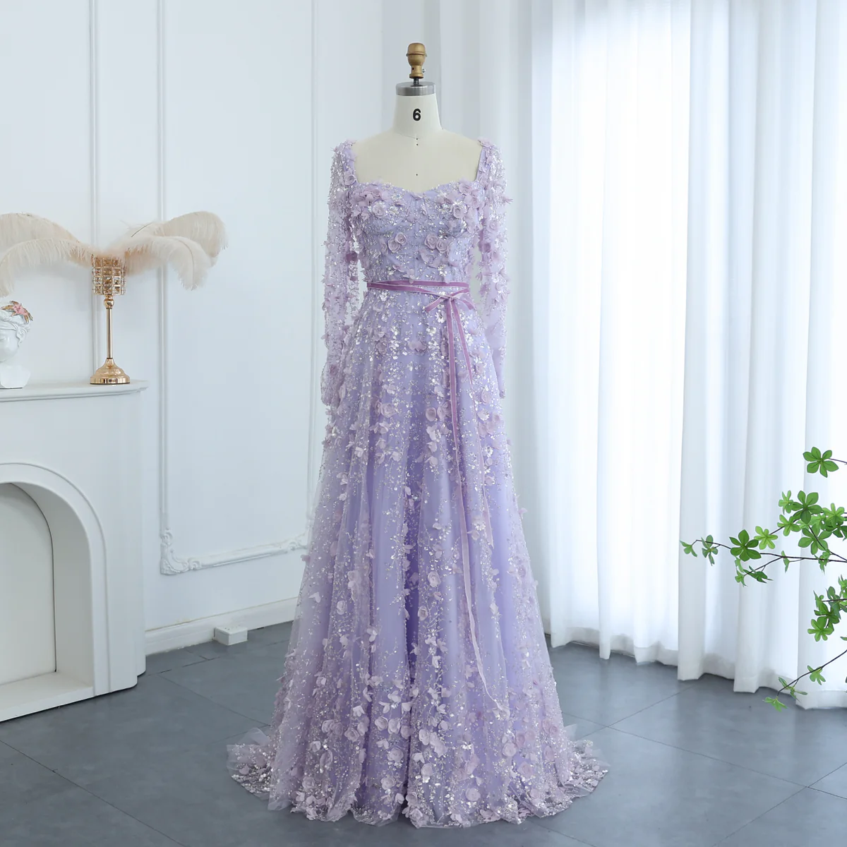 Amazing Long A-line Square Neck 3D Flowers Beaded Evening Dress With Long Sleeves