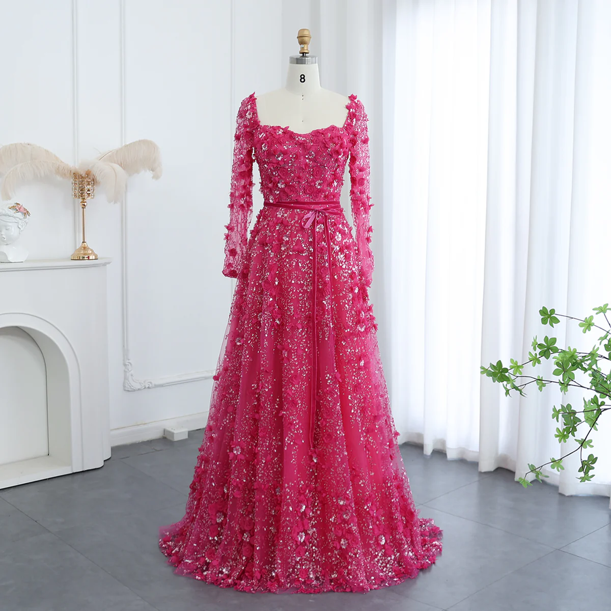 Amazing Long A-line Square Neck 3D Flowers Beaded Evening Dress With Long Sleeves