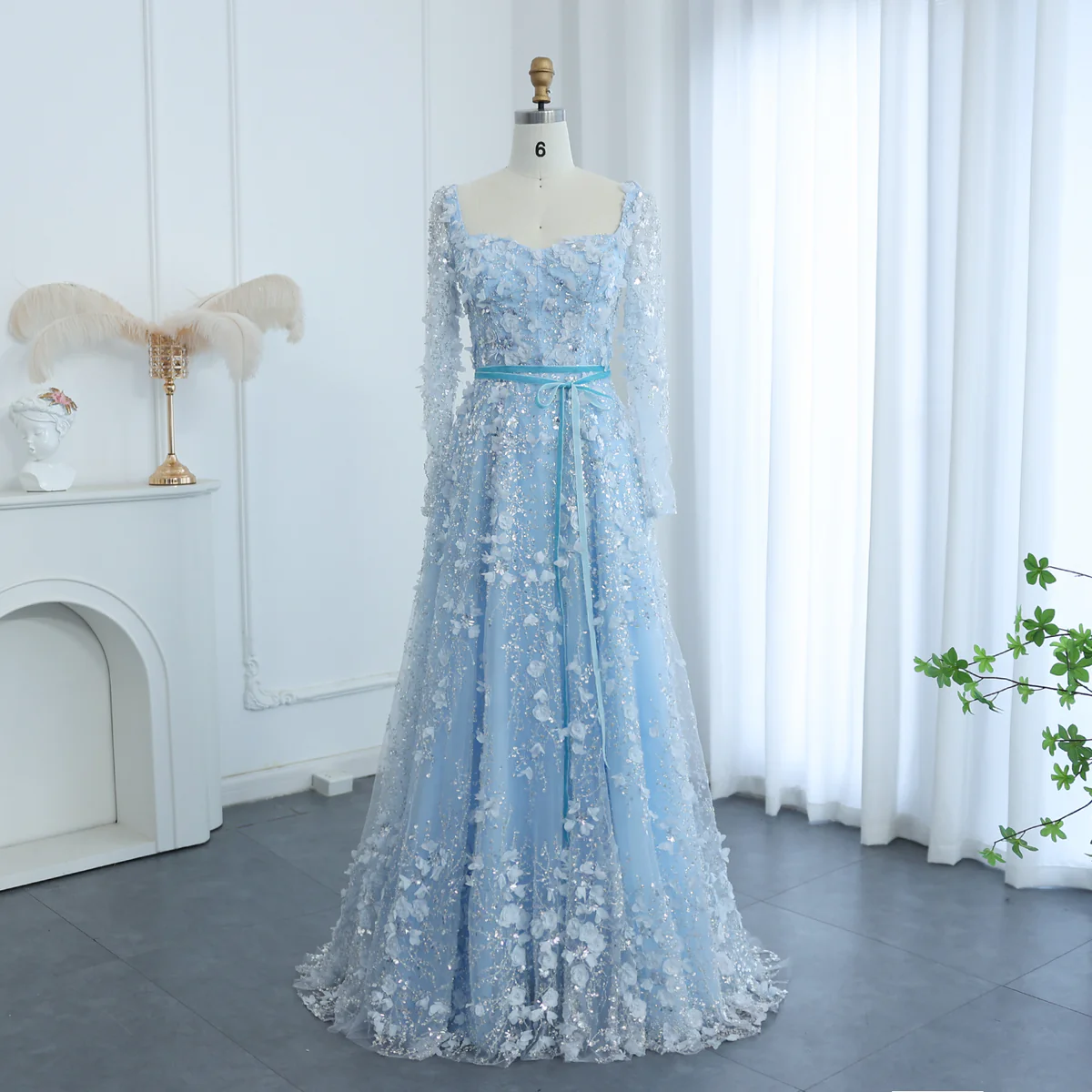Amazing Long A-line Square Neck 3D Flowers Beaded Evening Dress With Long Sleeves