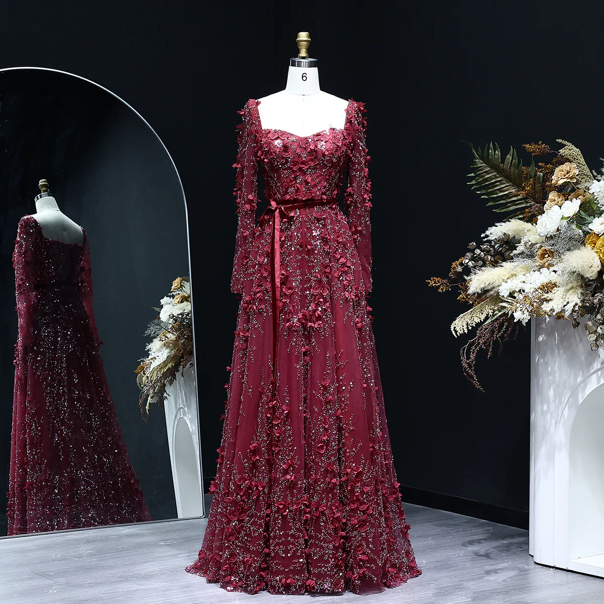 Amazing Long A-line Square Neck 3D Flowers Beaded Evening Dress With Long Sleeves