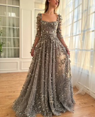 Amazing Long A-line Square Neck 3D Flowers Beaded Evening Dress With Long Sleeves