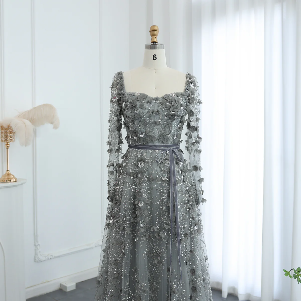 Amazing Long A-line Square Neck 3D Flowers Beaded Evening Dress With Long Sleeves