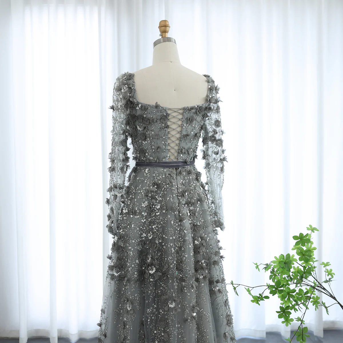 Amazing Long A-line Square Neck 3D Flowers Beaded Evening Dress With Long Sleeves