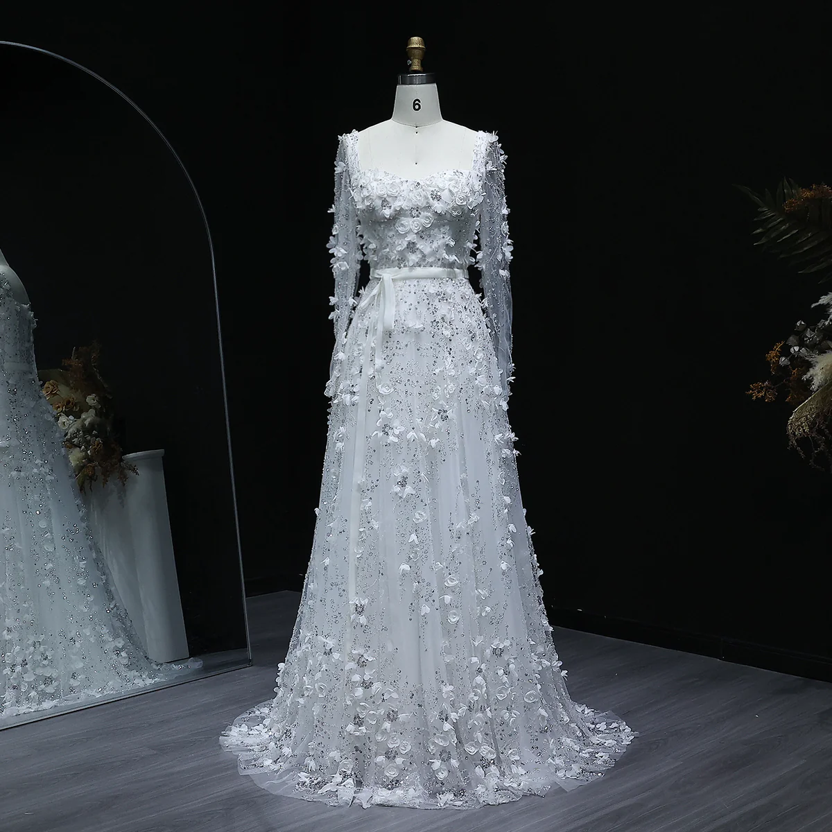 Amazing Long A-line Square Neck 3D Flowers Beaded Evening Dress With Long Sleeves
