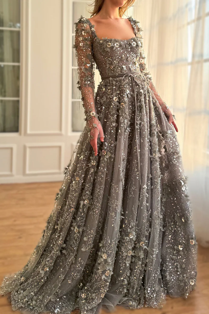 Amazing Long A-line Square Neck 3D Flowers Beaded Evening Dress With Long Sleeves