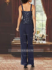 Ankle-Length 3-Piece Chiffon Pantsuit With Square Neck And Applique For Mother Of The Bride