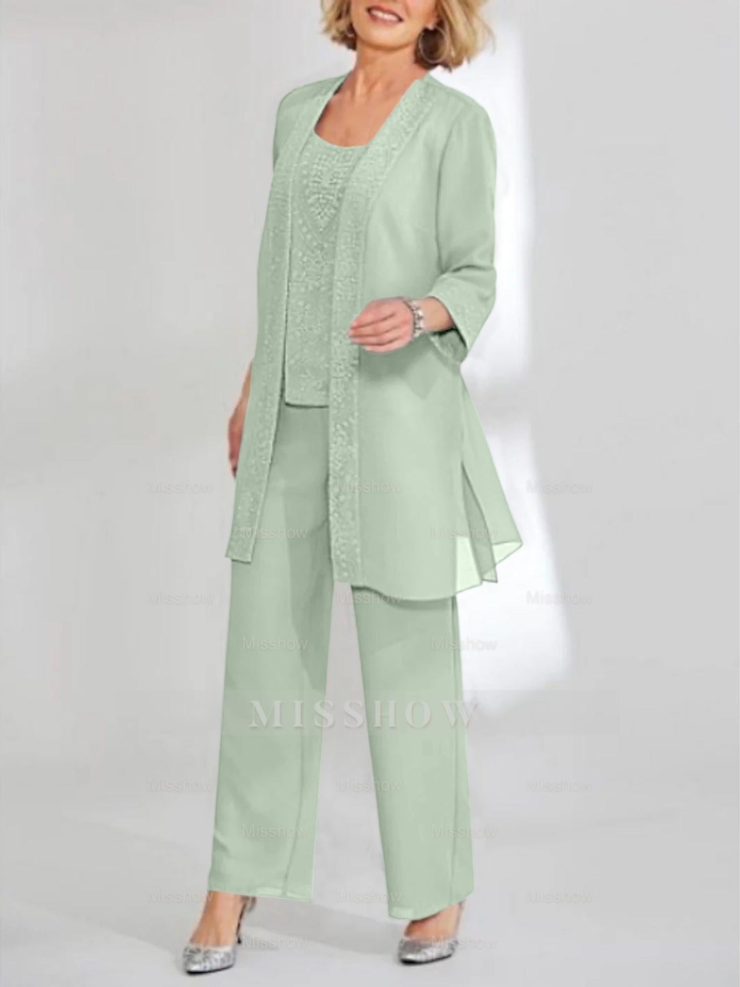 Ankle-Length Chiffon Mother of the Bride Pantsuit with Jacket in Scoop Style