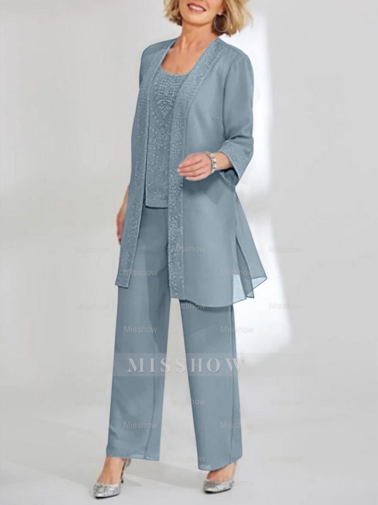 Ankle-Length Chiffon Mother of the Bride Pantsuit with Jacket in Scoop Style