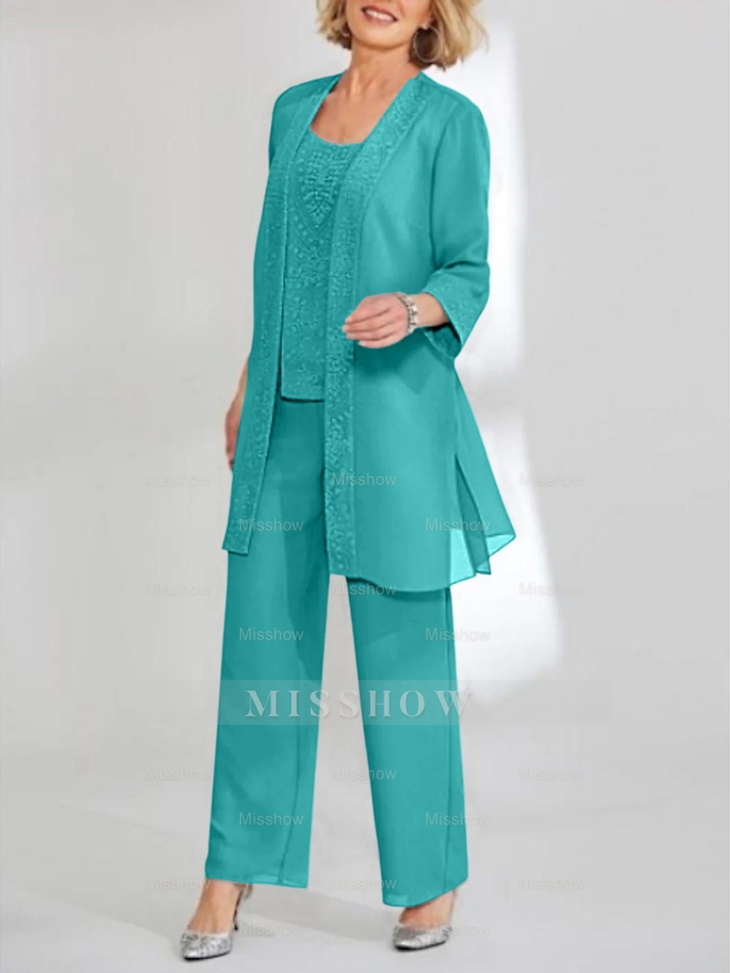 Ankle-Length Chiffon Mother of the Bride Pantsuit with Jacket in Scoop Style
