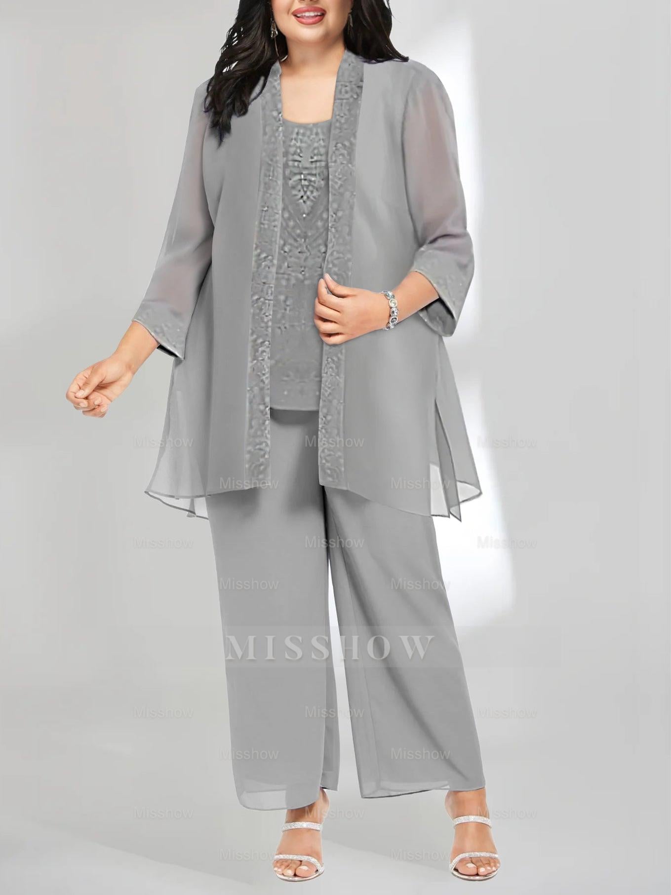 Ankle-Length Chiffon Mother of the Bride Pantsuit with Jacket in Scoop Style